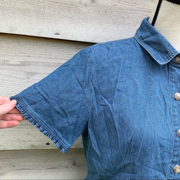 True Vintage 70s Blue Cotton Denim Ruffled Trim Button Down Short Sleeve Blouse - Picture 6 of 16